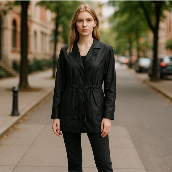 Travelsmith Black Leather Tie Waist Jacket - Picture 1 of 10